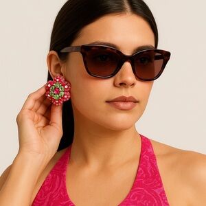 Earrings. Hot Pink & Lime Green Crystal Floral Statement Earrings – 2” x 2”